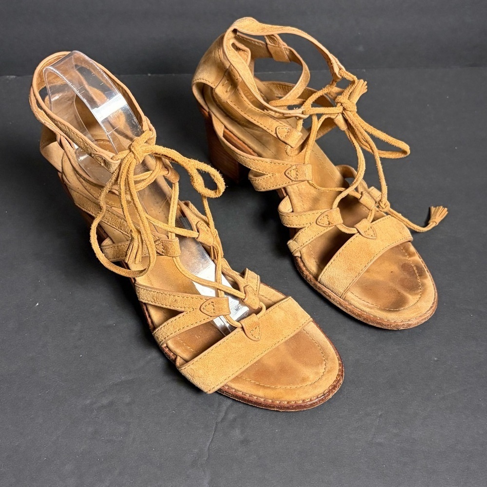 FRYE Brielle Gladiator Sandals Tan Brown Lace-Up Stacked Heel APPROX Size 8